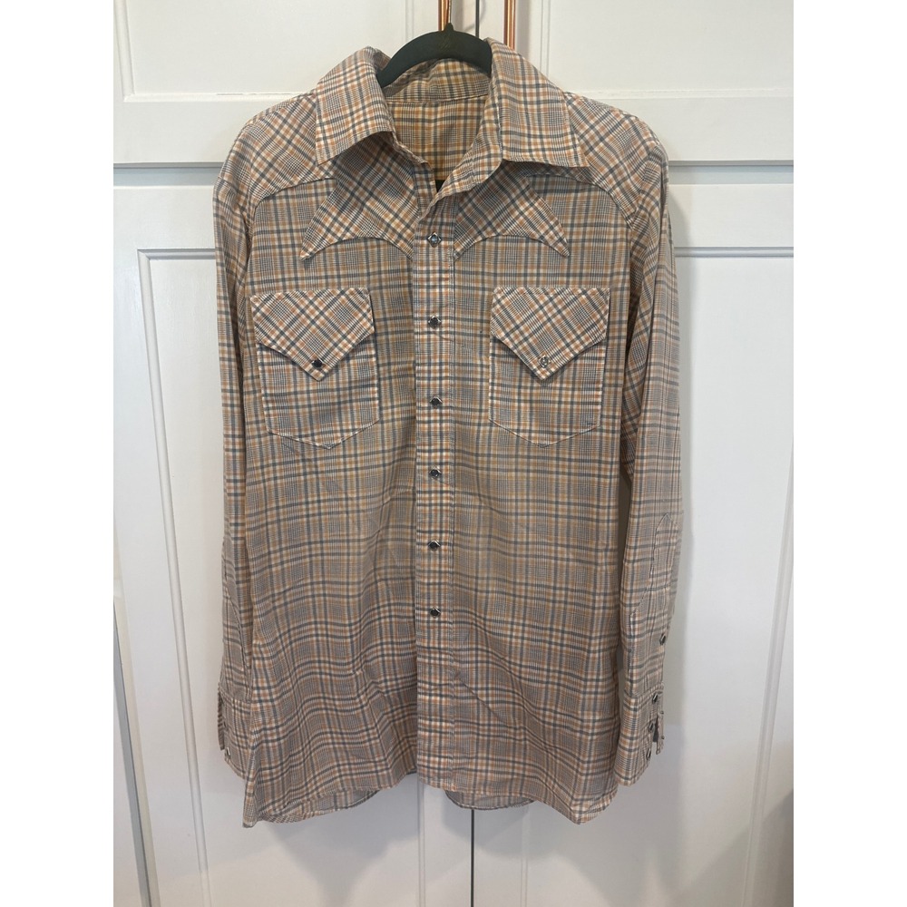 Vintage Western Pearl Snap Shirt Plaid Tan Brown Diamond Snaps Back Yoke Mens